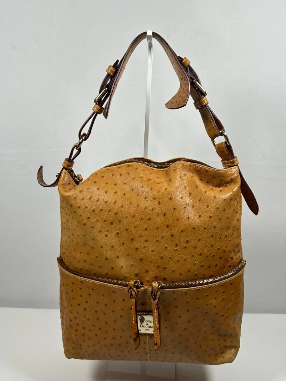 Dooney and Bourke Tan Ostrich Embossed Leather Double Front Zipper Compartments
